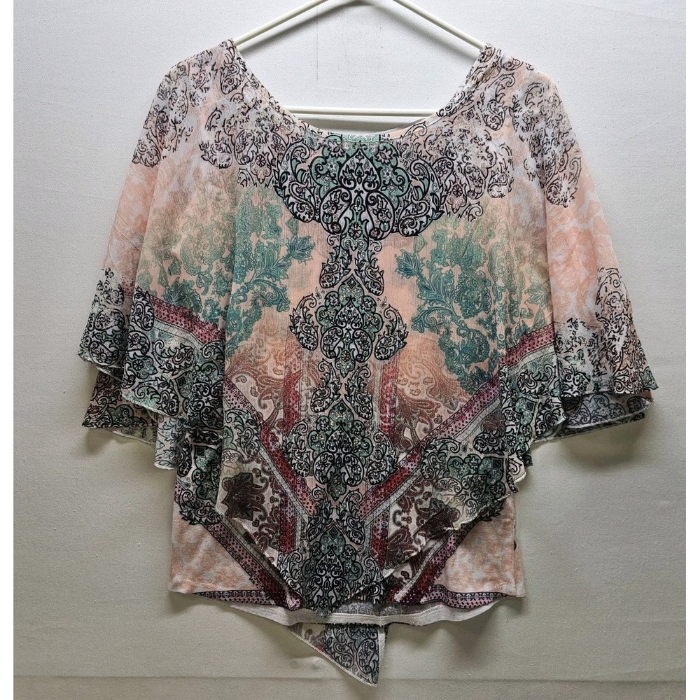 World Unity Womens Peach Green Paisley Chiffon Poncho Blouse Top M Boho